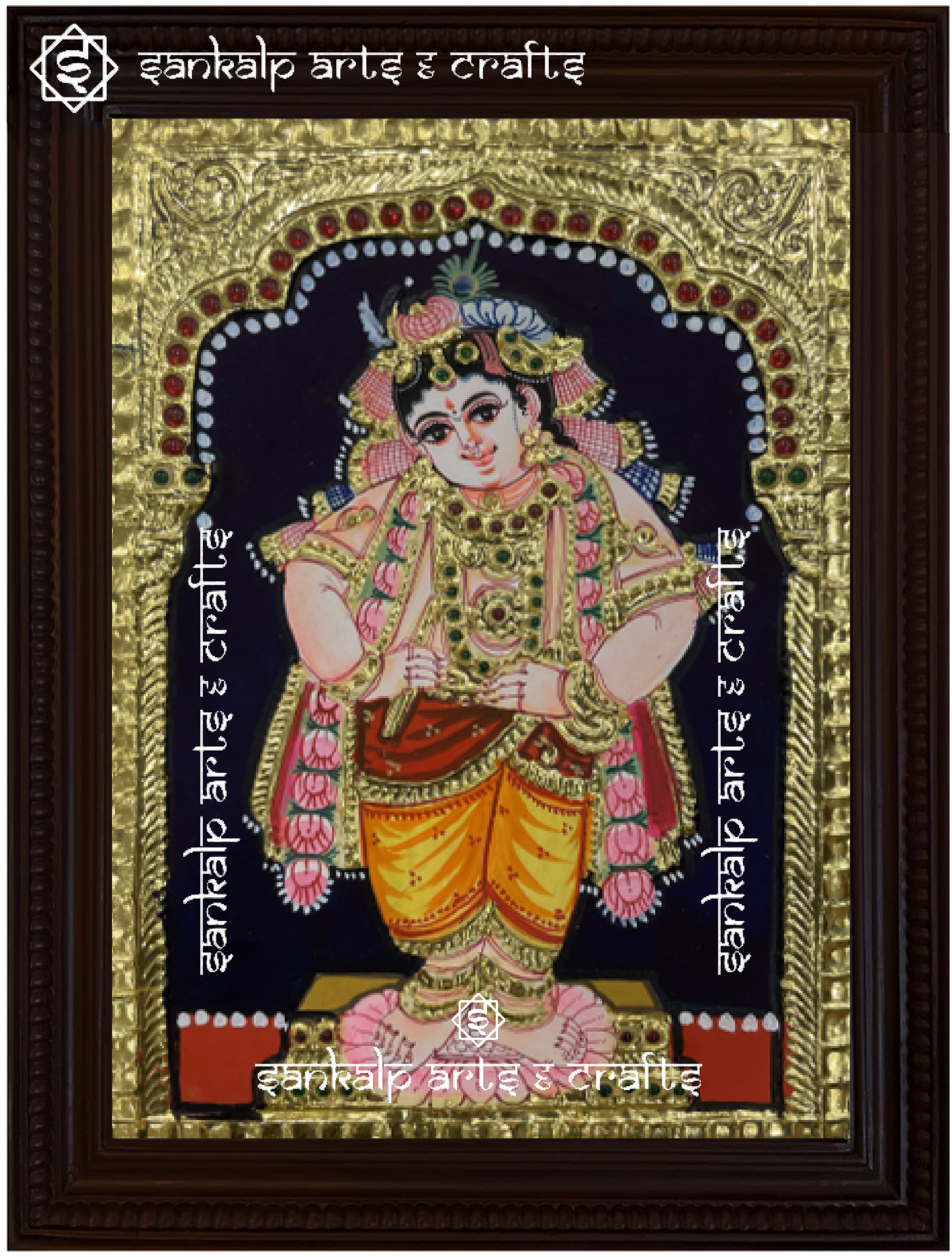 A beautifully handcrafted Vitobha Krishna Tanjore painting depicting Lord Krishna in his divine form, adorned with intricate gold foil detailing and vibrant colors, capturing his spiritual grace and charm.

