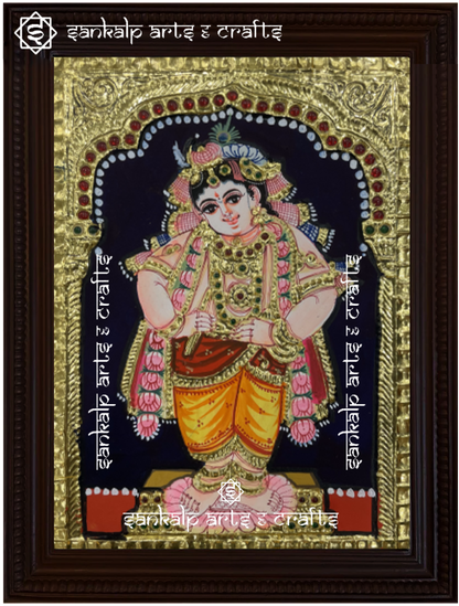 A beautifully handcrafted Vitobha Krishna Tanjore painting depicting Lord Krishna in his divine form, adorned with intricate gold foil detailing and vibrant colors, capturing his spiritual grace and charm.

