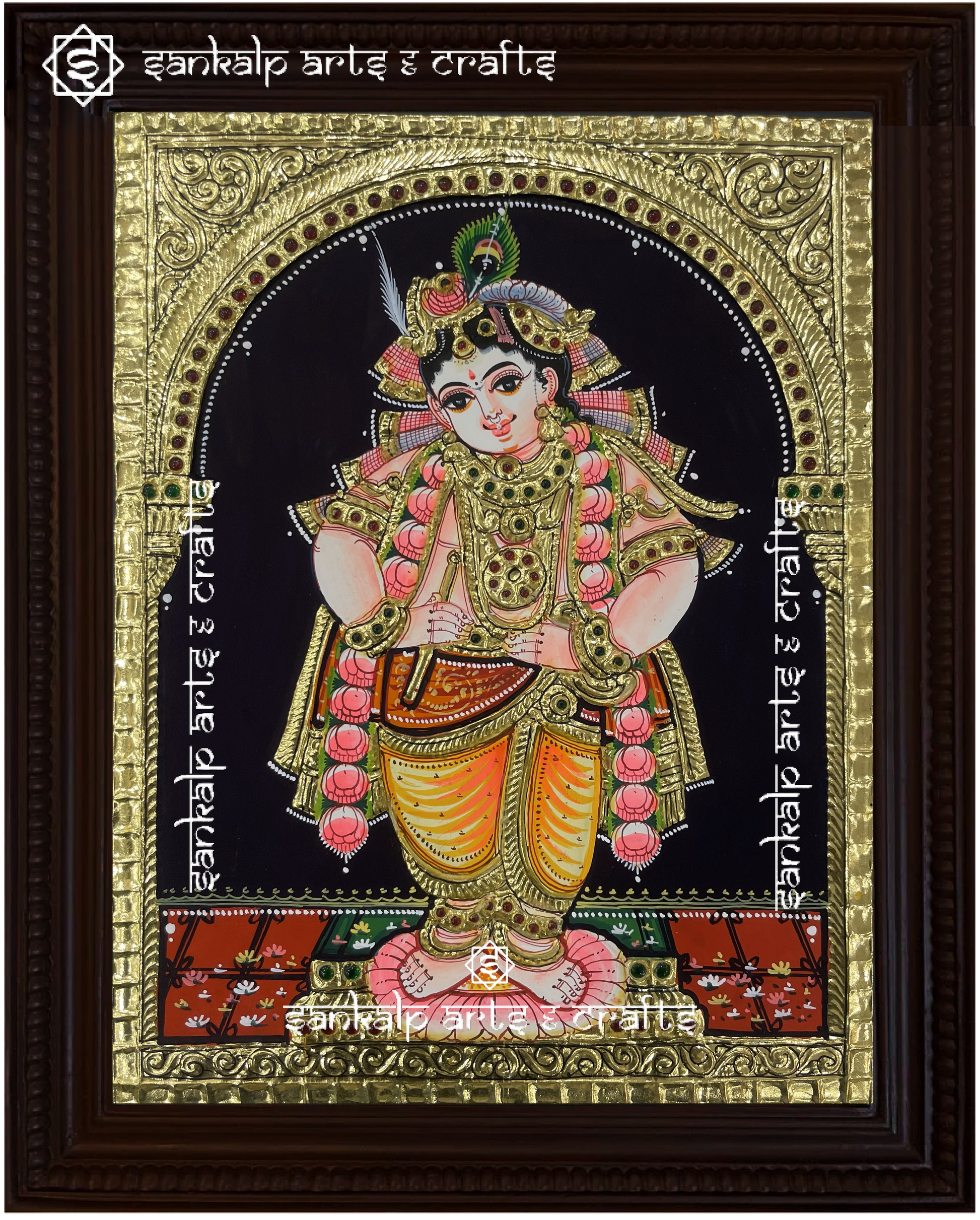 A divine Tanjore painting of Vitobha Krishna, handcrafted with gold foil detailing and vibrant colors. A perfect decor piece for homes in Chennai & Bangalore.