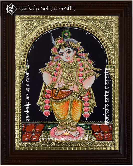 A divine Tanjore painting of Vitobha Krishna, handcrafted with gold foil detailing and vibrant colors. A perfect decor piece for homes in Chennai & Bangalore.