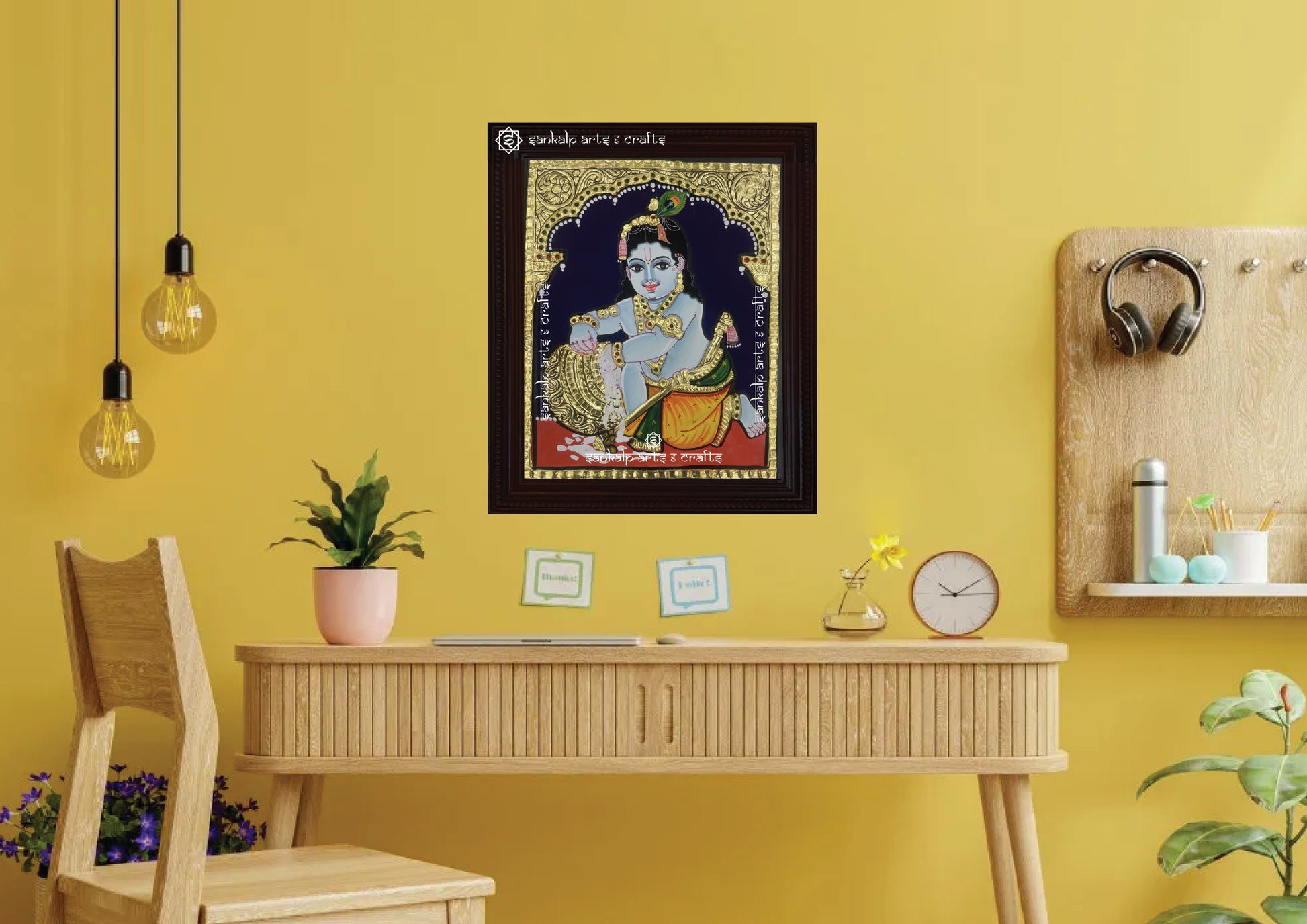 A beautifully framed Tanjore painting of Butter Krishna, an ideal sacred wall hanging for pooja rooms in Chennai & Bangalore.

