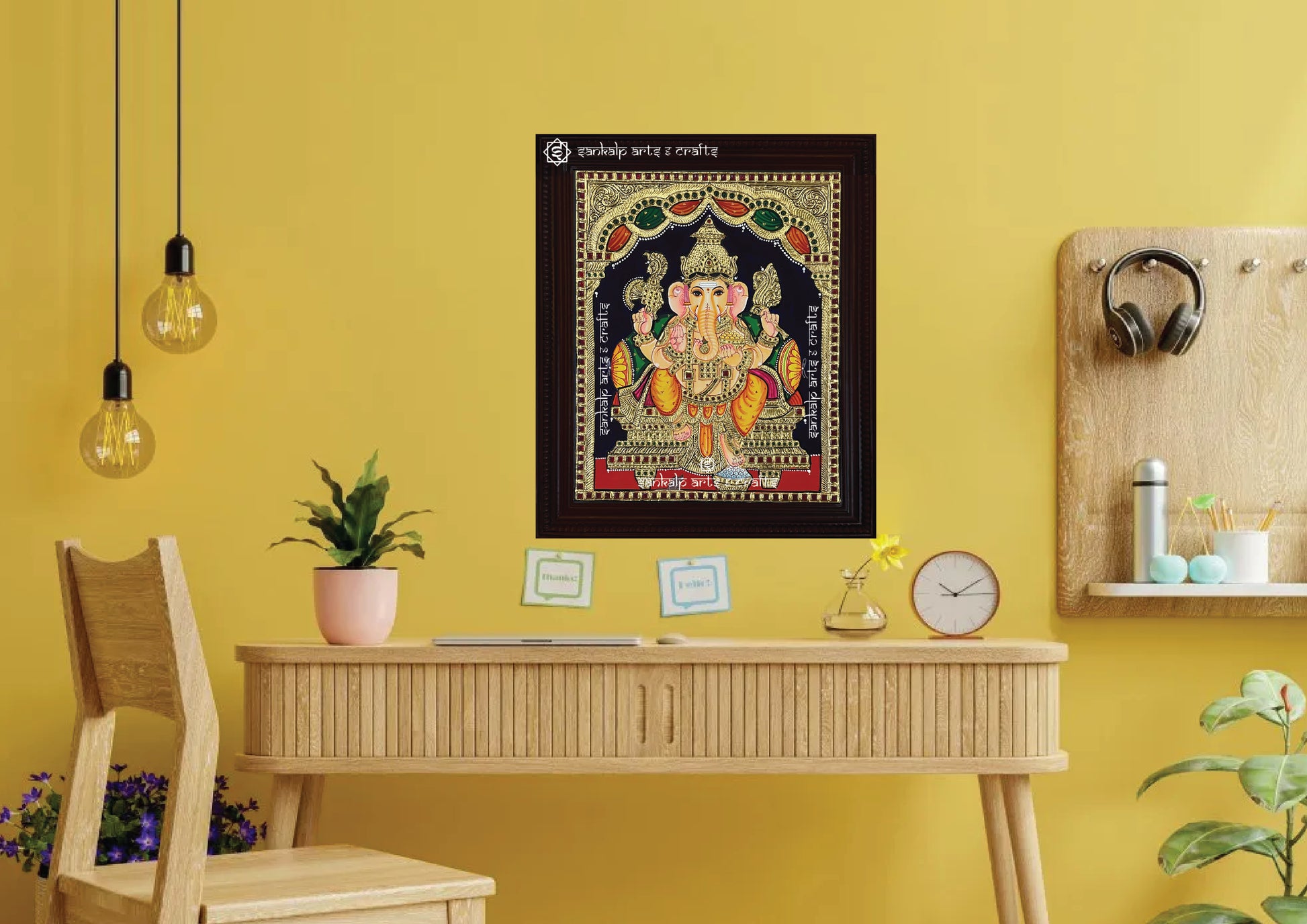 Bring prosperity and positivity to your decor with this sacred Ganesha Tanjore painting, a perfect wall hanging for homes in Chennai & Bangalore.

