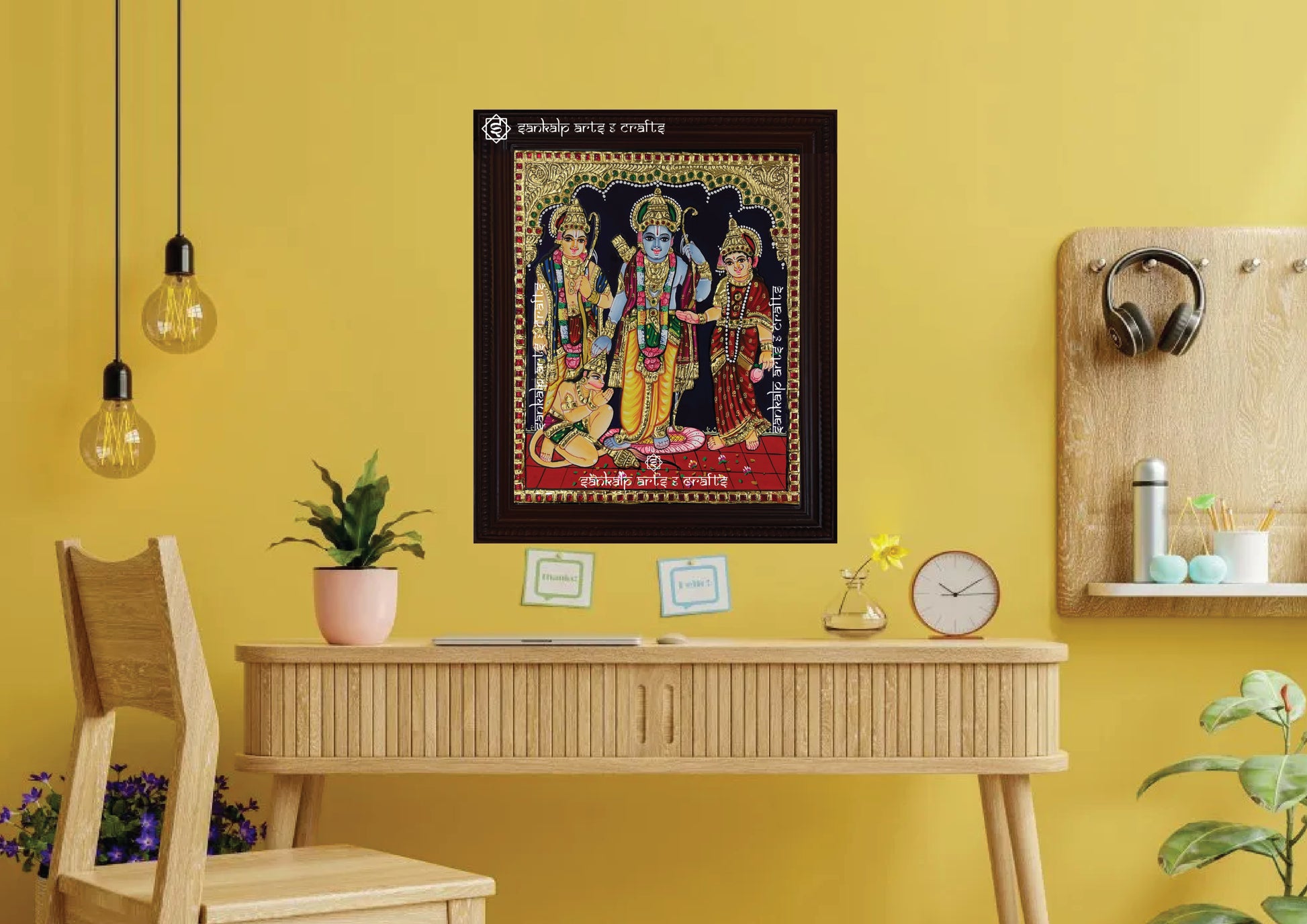An intricately framed Kodantha Ramar Tanjore painting, adorned with rich gold foil work, perfect for sacred decor in Chennai & Bangalore.


