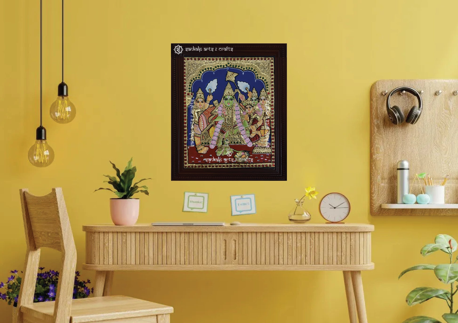 A beautifully framed Ramar Pattabishekam Tanjore painting in antique style, designed for pooja rooms and traditional decor, available in Chennai & Bangalore.

