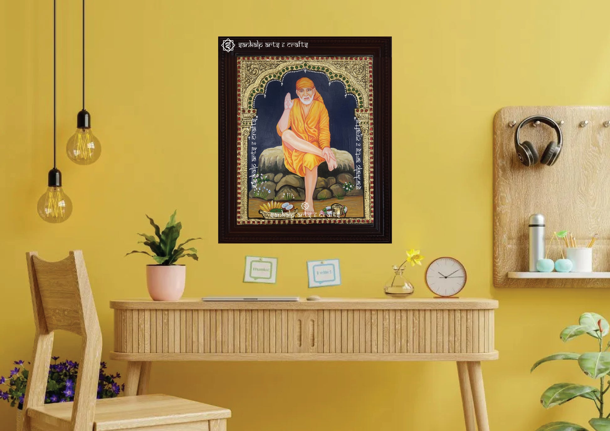 A framed Saibaba Tanjore painting, ideal for pooja rooms and wall decor, available in Chennai & Bangalore.

