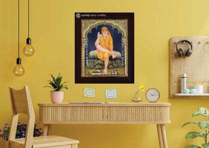 A framed Saibaba Tanjore painting, ideal for pooja rooms and wall decor, available in Chennai & Bangalore.

