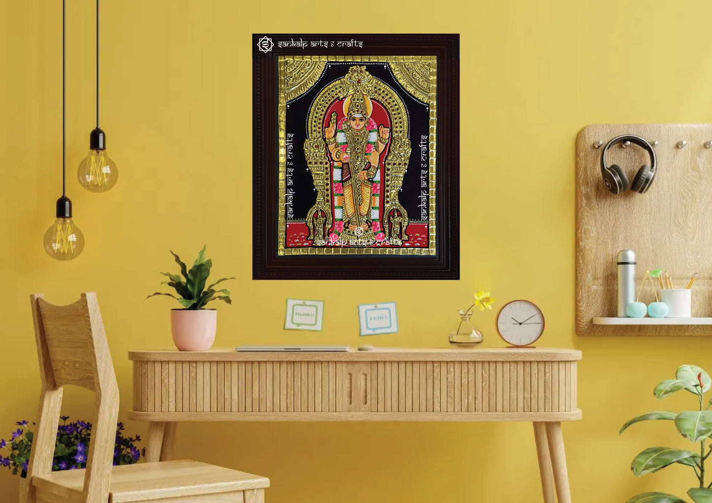 A divine depiction of Lord Murugan in Thiruchendur, this Tanjore painting is a perfect spiritual wall hanging for homes in Chennai & Bangalore.

