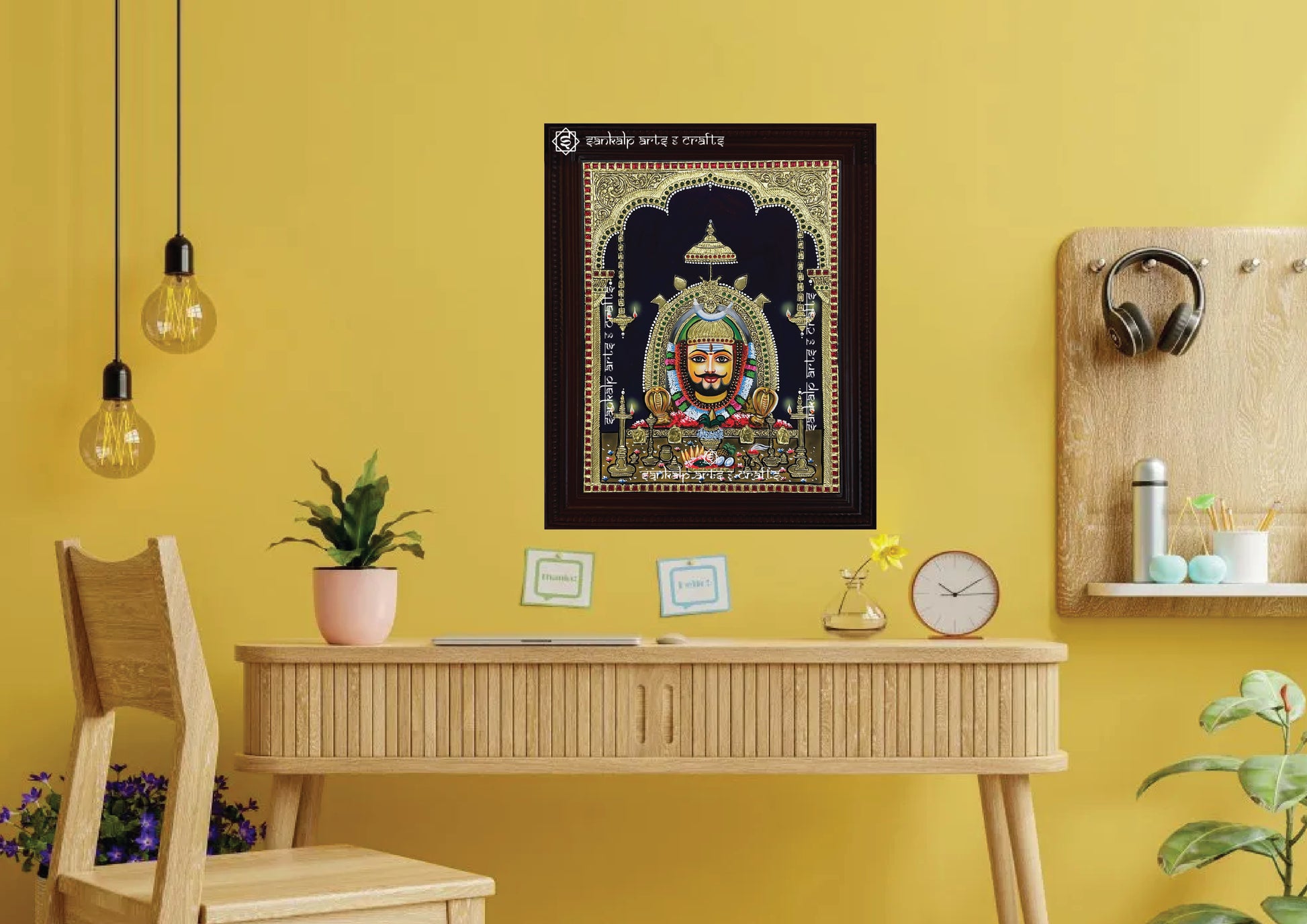 Enhance your decor with this sacred Tanjore painting of Vimaleshwara Ravana, an exquisite wall hanging for homes and spiritual spaces in Chennai & Bangalore.

