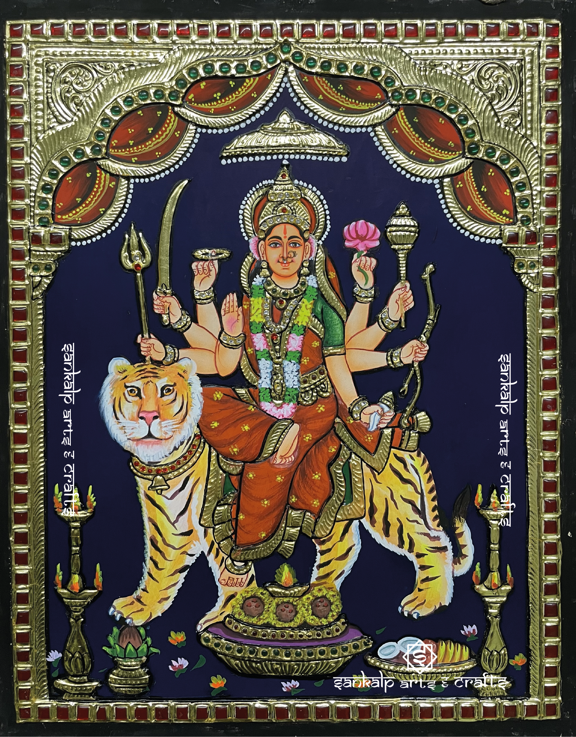 Durga Devi Tanjore painting, depicting the goddess Durga in vibrant colors with intricate details, showcasing her powerful and divine presence in traditional Indian art style.