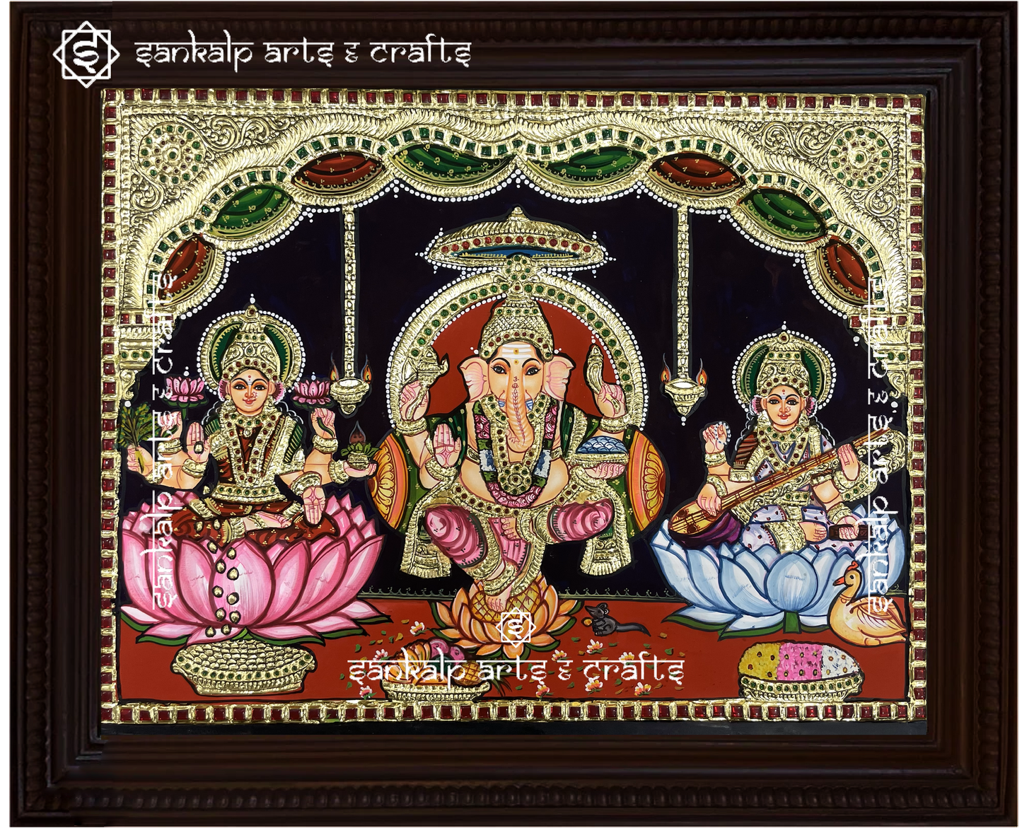 Pooja room painting - Ganesha lakshmi saraswathi tanjore painting