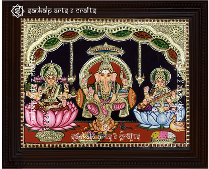 Pooja room painting - Ganesha lakshmi saraswathi tanjore painting