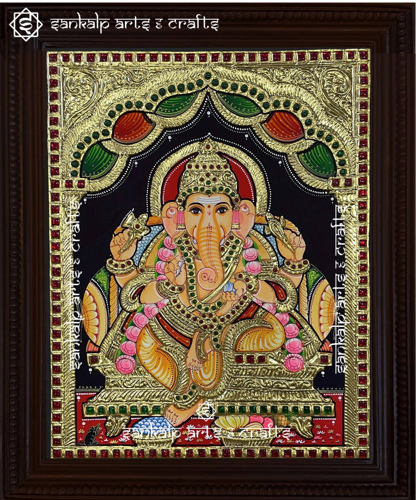 A handcrafted Ganesha Tanjore painting with intricate gold foil work, enhancing home decor in Chennai & Bangalore.

