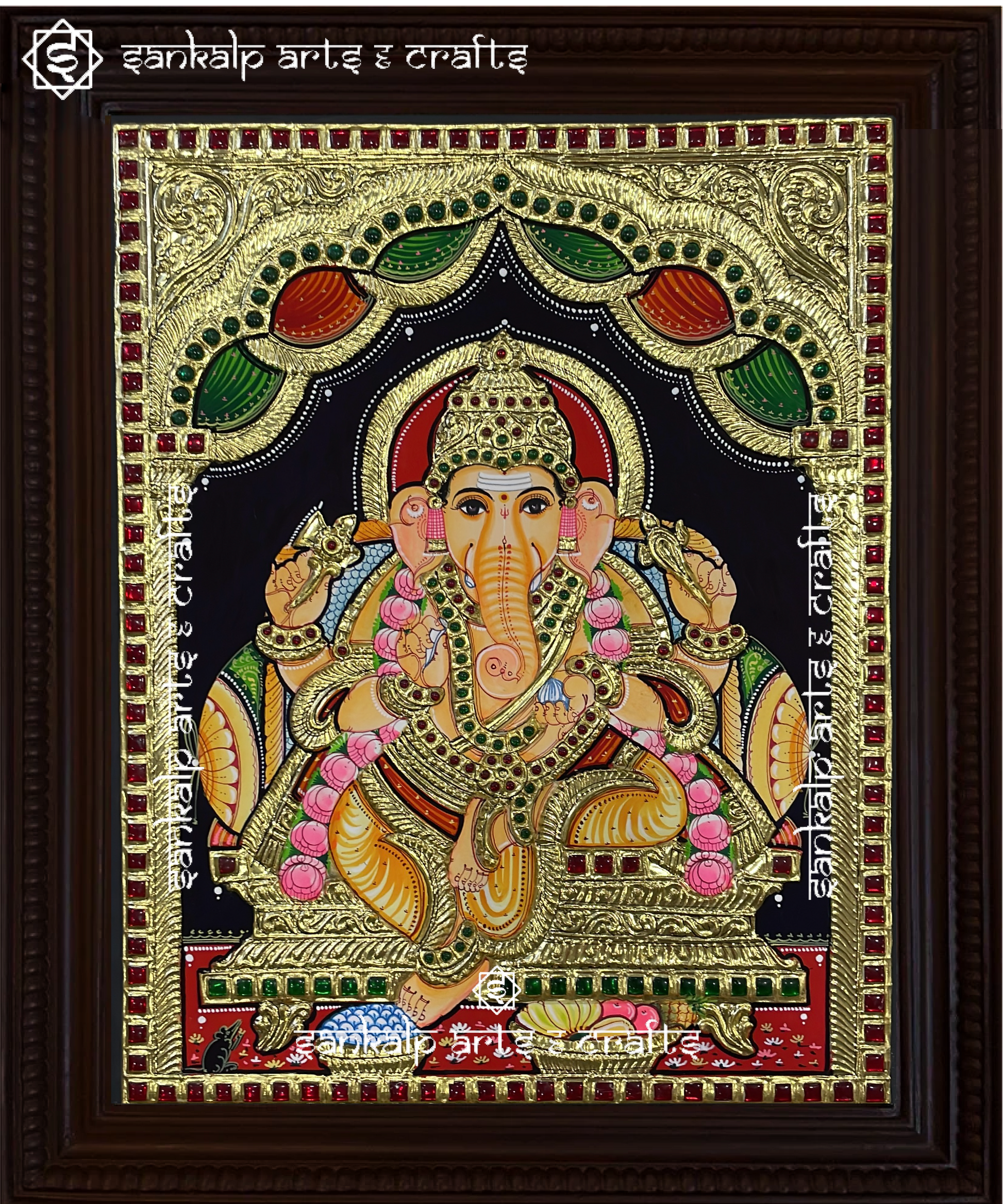 A handcrafted Ganesha Tanjore painting with intricate gold foil work, enhancing home decor in Chennai & Bangalore.

